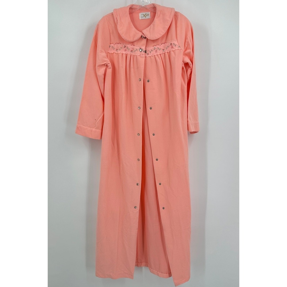 Vintage Katz Womens Cottagecore Peach Fleece Embroidered Floral Robe Housecoat